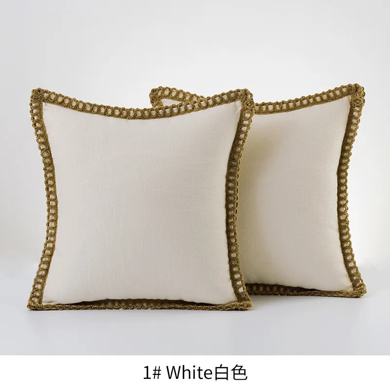 Solid Color Cotton Linen Pillow Cover with Jute Rope Trim Boho Decorative 45x45cm Cushion Pillow Case for Sofa Bed Living Room